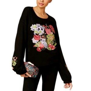 I.N.C Womens Floral  Embroidered Knit Sweater Black 1X NWT